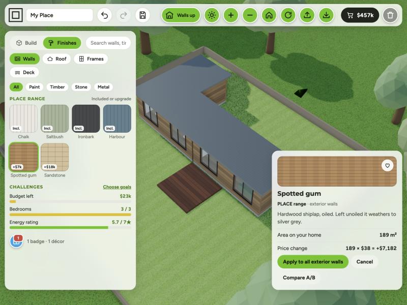 PLACE Build: spotted gum cladding applied to a modular home, with the material card showing the price change