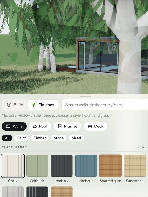 The same home, Sonas I, in PLACE Build on a phone, with the finishes panel open and the Chalk wall finish chosen.