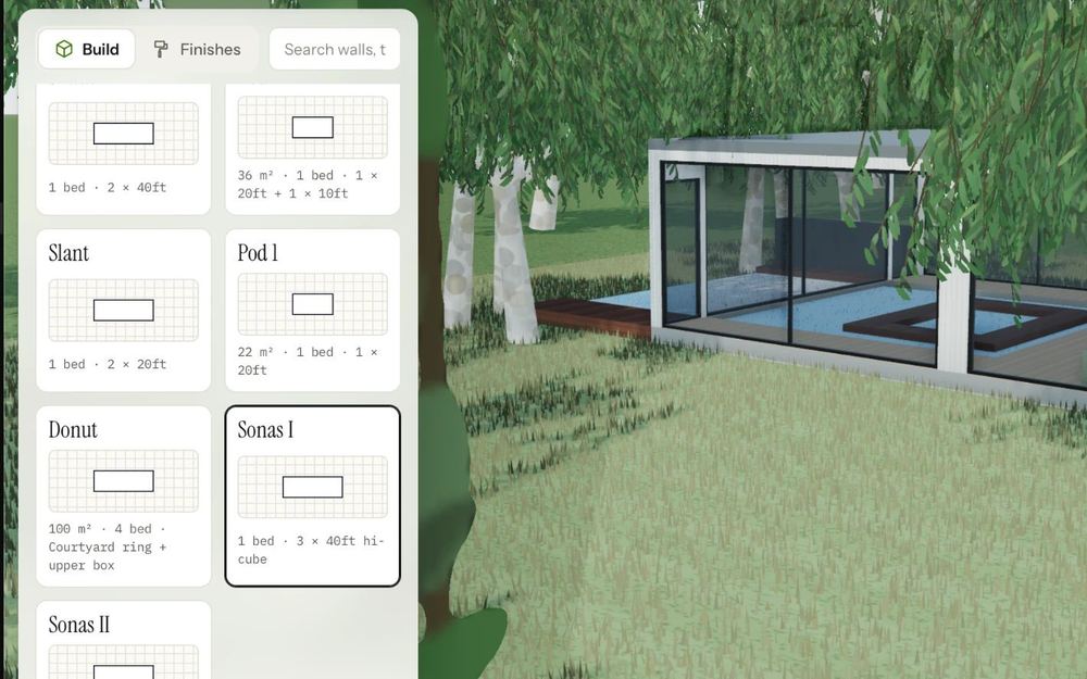 A PLACE Build screen: a list of homes on the left with Sonas I chosen, and Sonas I standing on a grassy block among silver birches on the right.