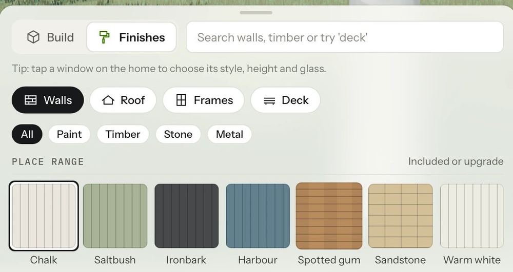 The finishes picker in PLACE Build on a phone: wall cladding from the PLACE range, with Chalk chosen, then Saltbush, Ironbark, Harbour, Spotted gum, Sandstone and Warm white.