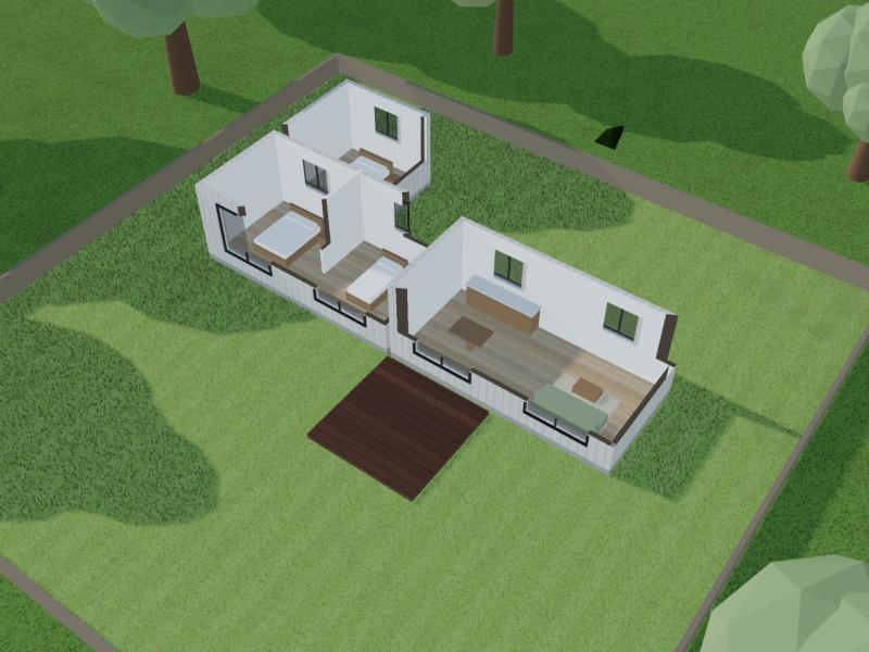 3D cutaway of a modular home on a grassy block, roof off, showing furnished rooms and afternoon shade