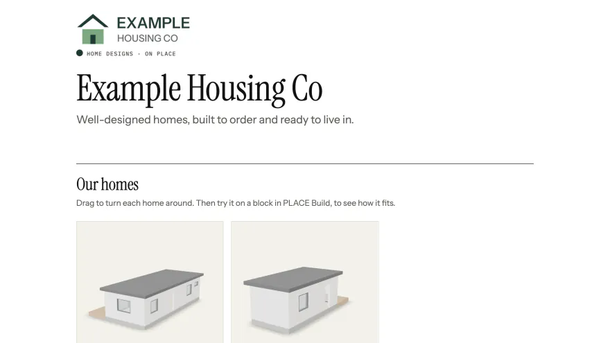 The public company page for the demo company Example Housing Co, with its logo, welcome line and two of its homes, Linear Two and Studio One, each with a Try it on a block button.