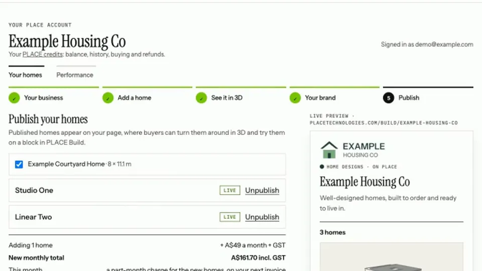 The Publish step in the PLACE account for Example Housing Co, listing its homes with a Publish button.