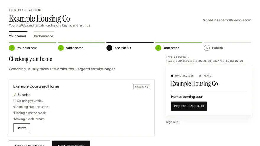The PLACE account page checking a home for the demo company Example Housing Co: the file is uploaded and PLACE is opening it, with checking size and units, placing it on the block and making it web-ready still to come.