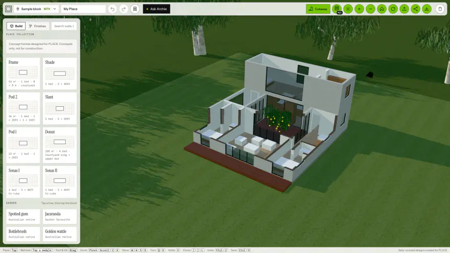 PLACE Build in cutaway: a courtyard home, Frame, on the sample block with the walls down, showing the rooms and a courtyard tree.