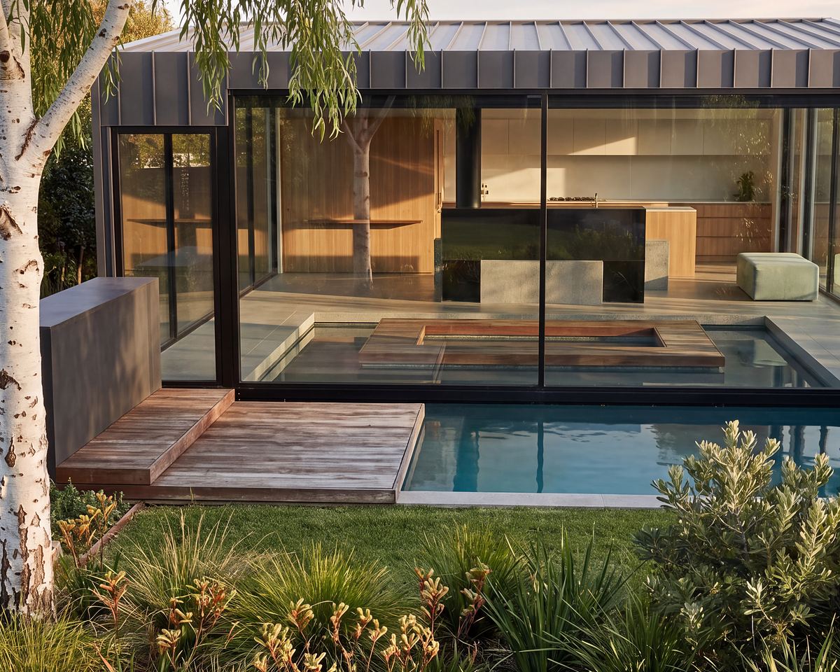 Sonas I, a home designed for PLACE, as an AI-enhanced picture: a glass pavilion with a standing-seam roof beside a pool and a silver birch, with a native garden in late afternoon light.