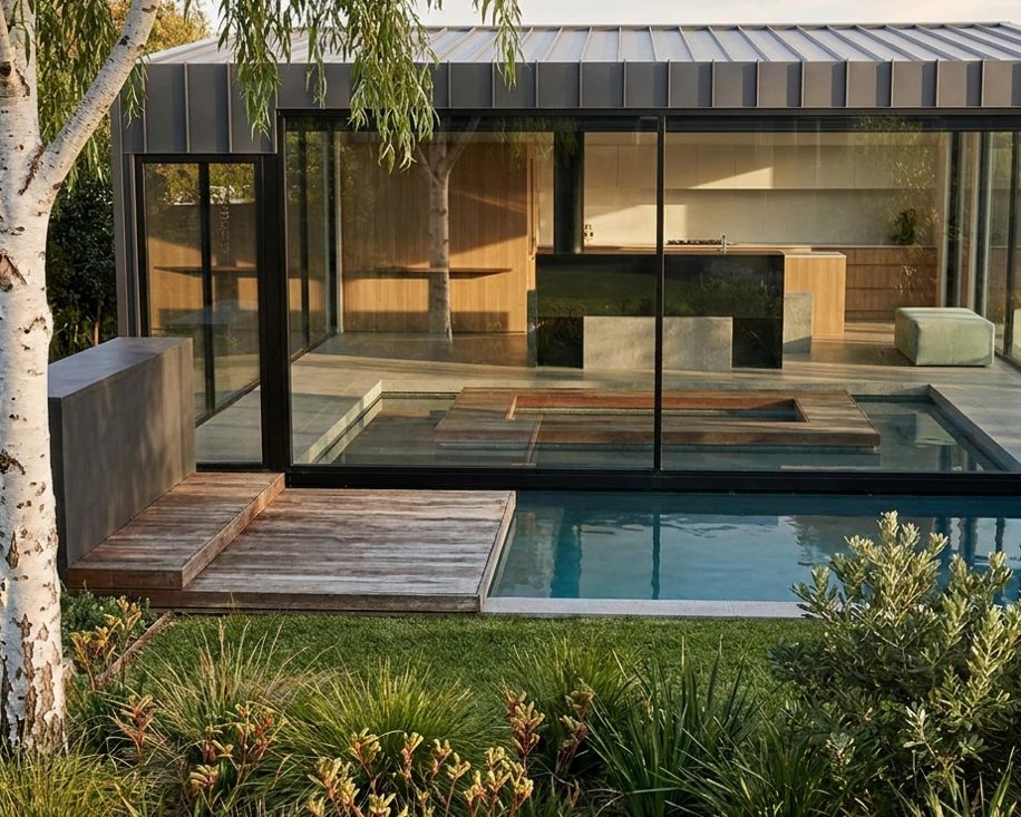 Sonas I, a home designed for PLACE, as an AI-enhanced picture: a glass pavilion with a standing-seam roof beside a pool and a silver birch, with a native garden in late afternoon light.